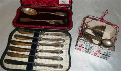 Lot 60 - Late Victorian silver child's spoon and fork in case, pair of silver egg cups with spoons and a set