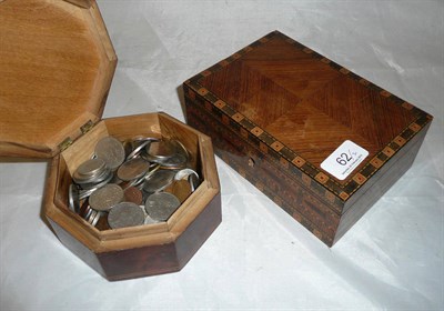 Lot 62 - Parquetry hinged box, burr wood and marquetry box and a quantity of coins
