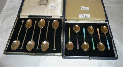Lot 64 - Cased set of six silver-gilt and enamel coffee spoons and cased set of silver teaspoons