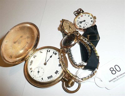 Lot 80 - Three lady's 9ct gold wristwatches (straps not gold) and a gold plated pocket watch