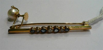 Lot 84 - Diamond and sapphire gold bar brooch and an 18ct pearl and diamond earring