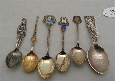 Lot 95 - Four silver souvenir spoons, an Anointing spoon and a Celtic design spoon
