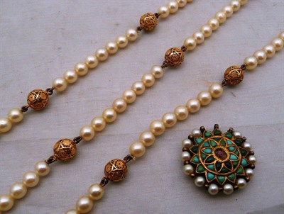 Lot 96 - Long Indian cultured pearl necklace with part-gold and turquoise clasp and filigree beads