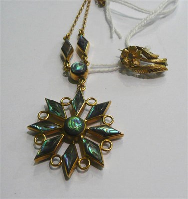 Lot 107 - 9ct gold and abalone pendant necklace and a small gold, diamond and floral brooch