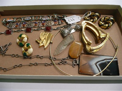 Lot 113 - Silver and costume jewellery comprising: two enamelled Egyptian subject bracelets, Deco agate...