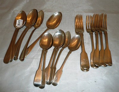 Lot 116 - A set of six Victorian silver dessert forks, four silver dessert spoons, a pair of silver...