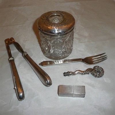 Lot 117 - Silver lipstick, glass hair tidy jar with silver lid, Jensen 'Pyramid' child's fork,...