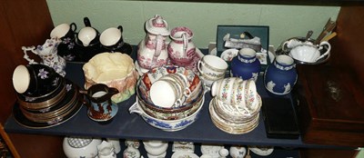 Lot 136 - Shelf of decorative ceramics, glass and ornamental items including Wedgwood Jasper dip, tea...