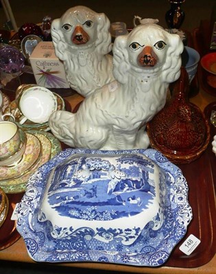 Lot 148 - Pair of Staffordshire spaniels, Spode 'Italian' pattern tureen and cover and a hen egg crock