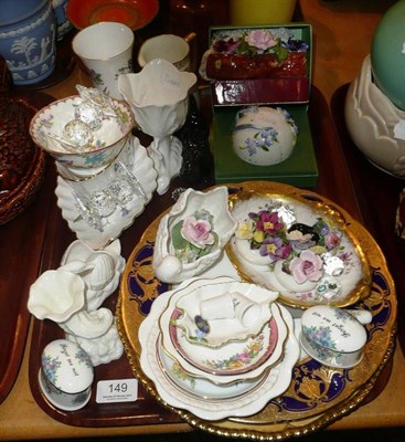 Lot 149 - Tray of decorative ceramics including Coalport fruit painted plate, two Minton gilt decorated...