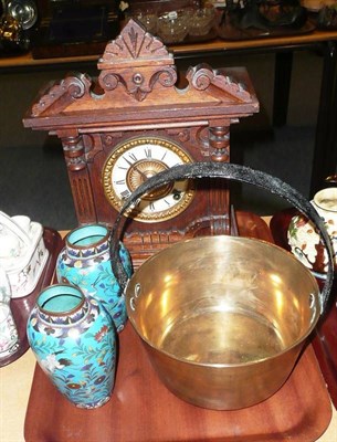 Lot 153 - Oak American clock, pair cloisonne vases, a brass preserve pan and an otter wall hanging