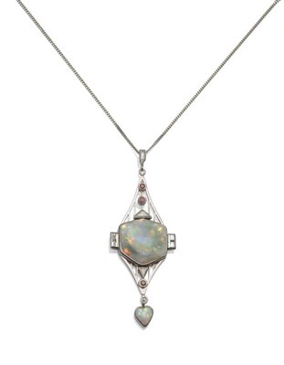 Lot 271 - A Platinum Opal, Ruby and Diamond Pendant, in Art Deco style, comprising a cabochon shield...
