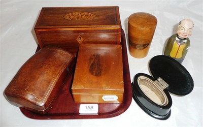 Lot 158 - A 19th century mahogany tea caddy, tooled leather box, ebony oval box, a figural corkscrew and...