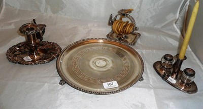 Lot 167 - 19th century plated chamber candlestick with snuffers, nozzle and extinguisher, waxjack with...