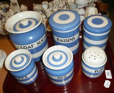 Lot 182 - Tray of T.G.Green blue banded Cornish ware storage jars (damages)