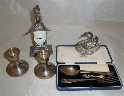 Lot 190 - Silver including cased christening fork and spoon, pair of squat candlesticks, silver and glass...