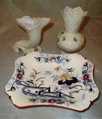 Lot 192 - A Wedgwood Pearlware dessert dish and two Belleek vases