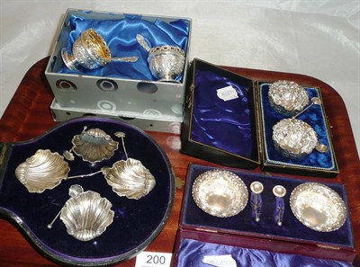 Lot 200 - Cased set of four salts and spoons, two pairs of cased salts and another pair of salts