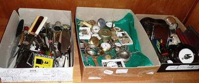 Lot 204 - Three boxes of collectables including watches, car badge, flasks etc