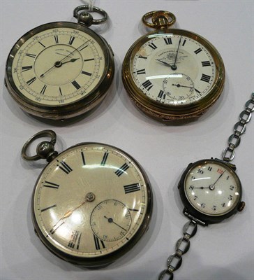 Lot 224 - A silver chronograph pocket watch, a plated pocket watch, a silver pocket watch and a lady's...