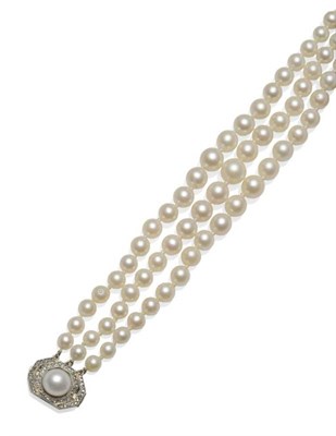 Lot 280 - A Cultured Pearl Bracelet, three rows of graduated cultured pearls knotted to an octagonal...