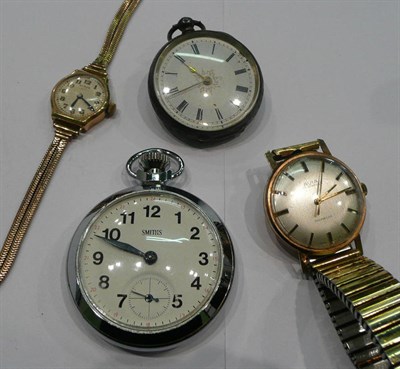 Lot 245 - Lady's gold watch, gents watch, Smiths pocket watch and a Continental watch