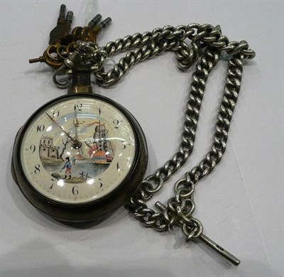 Lot 250 - A silver pair cased pocket watch and a silver watch chain