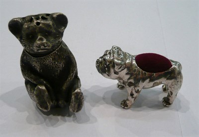 Lot 257 - A silver bear pepperette and a pin cushion bulldog stamped 925