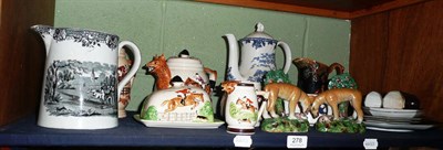 Lot 278 - Hunting and coursing ceramics including a transfer printed hare coursing jug, fox hunting etc