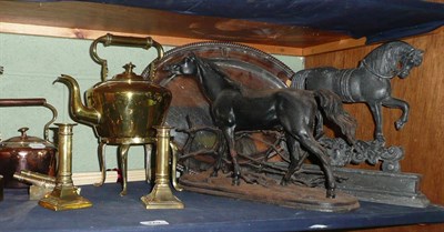 Lot 279 - Two copper kettles, two spelter horses etc