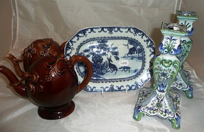 Lot 291 - Two Cadogan teapots, Chinese blue and white platter and a pair of Rouen faience candlesticks