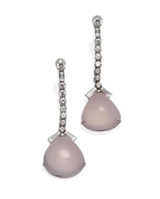 Lot 286 - A Pair of 18 Carat White Gold Rose Quartz and Diamond Drop Earrings, a row of round brilliant...