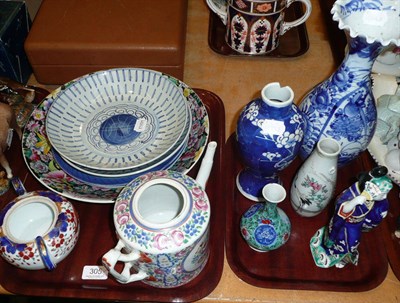 Lot 305 - Two trays of Chinese and Japanese pots, teapot, plates, figures etc