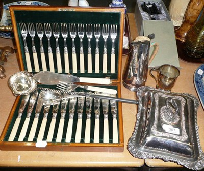 Lot 307 - Fish eaters, silver plate, entree dish etc