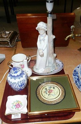 Lot 310 - Nao china table lamp, a pair of silk work pictures and ornaments