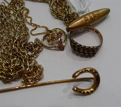 Lot 331 - A horseshoe stick pin, a baby brooch, assorted chains, a bracelet and a 9ct keeper ring