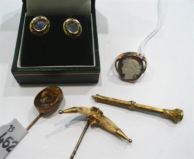 Lot 344 - Two stick pins, a pencil, a cameo ring and a pair of earrings