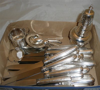 Lot 351 - Twenty eight silver handled knives, silver caster, silver strainer, silver mustard pot, pair of...