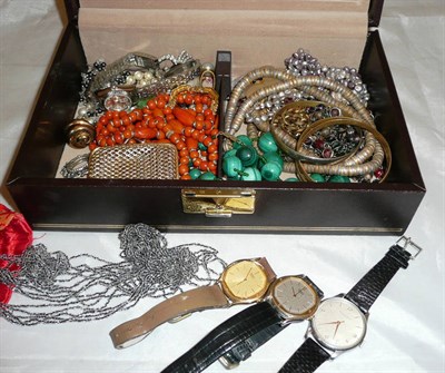 Lot 353 - Box of costume jewellery, beads, 'International Watch Company' and other watches etc