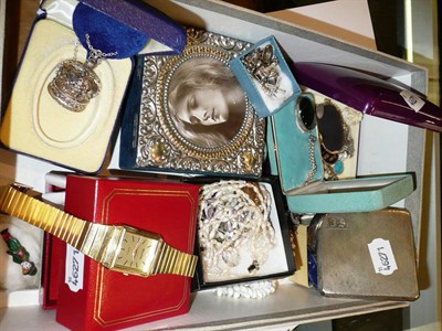 Lot 360 - A silver cigarette case and assorted silver and costume jewellery including watches, pendants...