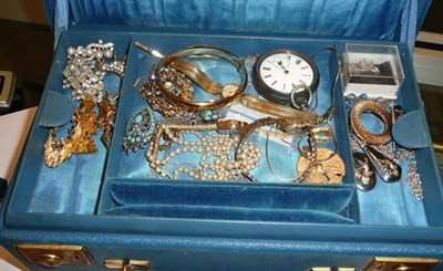 Lot 362 - A box containing assorted watches, gold plated jewellery, a pocket watch, assorted costume...