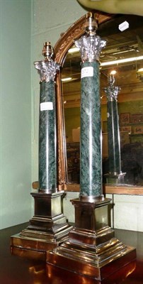 Lot 372 - A pair of silver plated and marble Corinthian column style table lamps