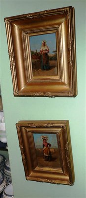 Lot 386 - A pair of oils on board of peasant women, framed labelled and signed Henry Woods