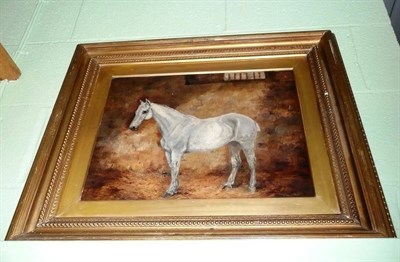 Lot 394 - Oil on canvas of a grey horse in a stable, signed Wright