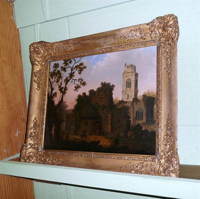 Lot 395 - 19th century oil on canvas, depicting a ruin, in a gilt frame