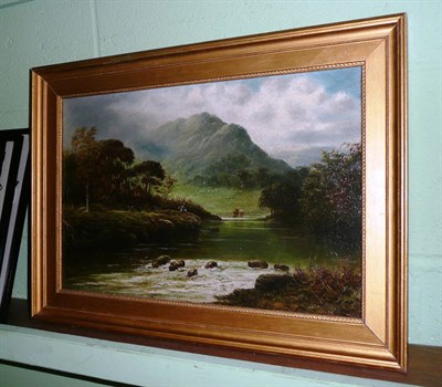 Lot 401 - W J Crompton, Victorian riverscape with fisherman