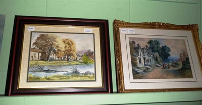 Lot 404 - Watercolour of a village street scene, signed C J Adams and two other watercolours (3)