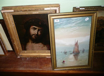 Lot 406 - C S Bradley, shipping watercolour and an oil portrait of Christ