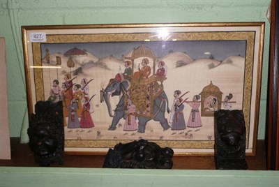 Lot 427 - A framed Indian silk painting and three wooden carvings, possibly from Knaresborough Priory