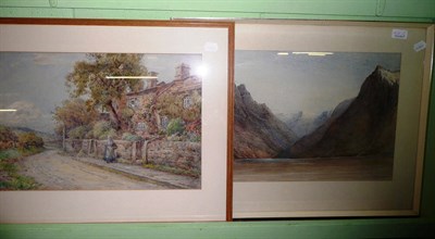 Lot 431 - E Styring, framed watercolour landscape and a figure outside a cottage (2)